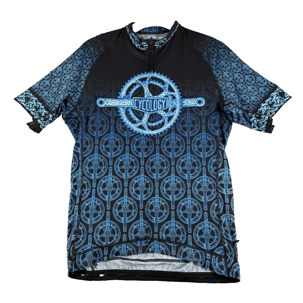 Cycology Cycling Jersey Mens M-L Blue Short Sleeve Stretch Geometric Activewear